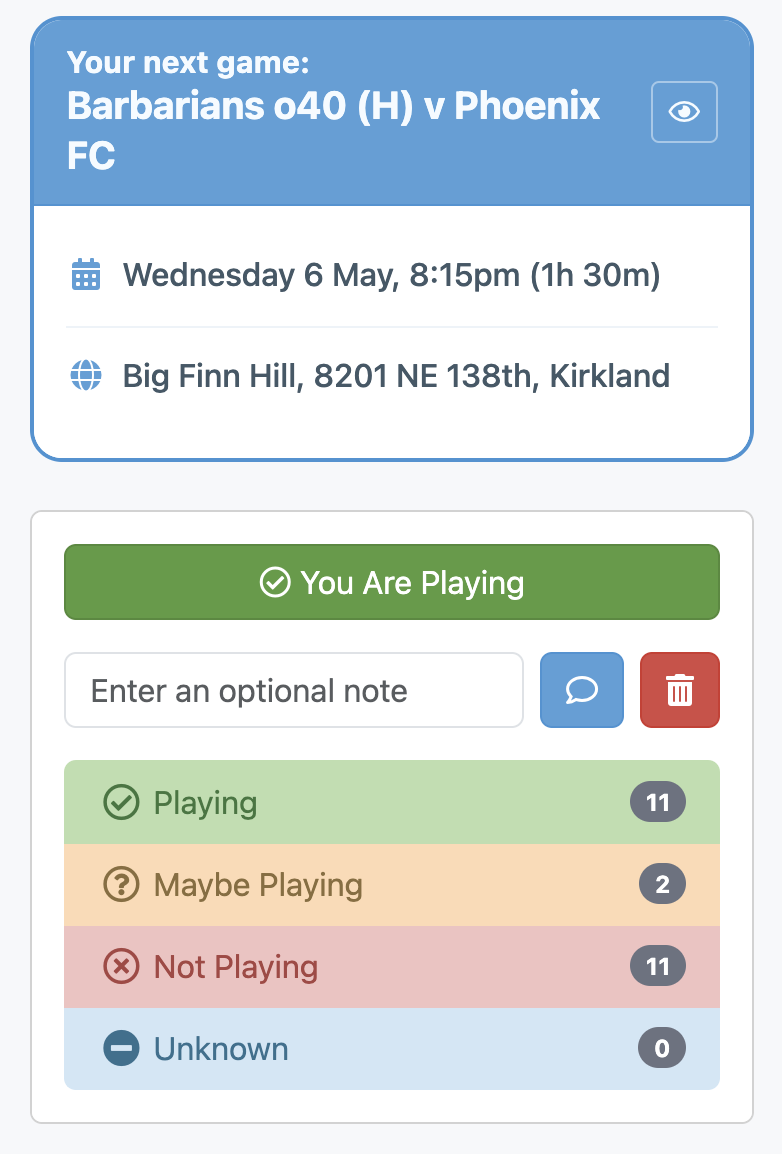 Simpler Sport game availability screen showing playing, maybe, not playing, and unknown response counts