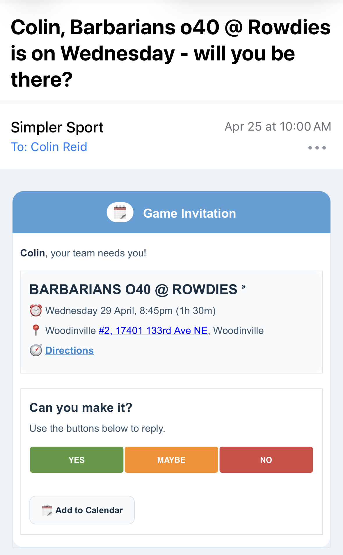 Simpler Sport game invitation email with yes, maybe, no, and add to calendar controls