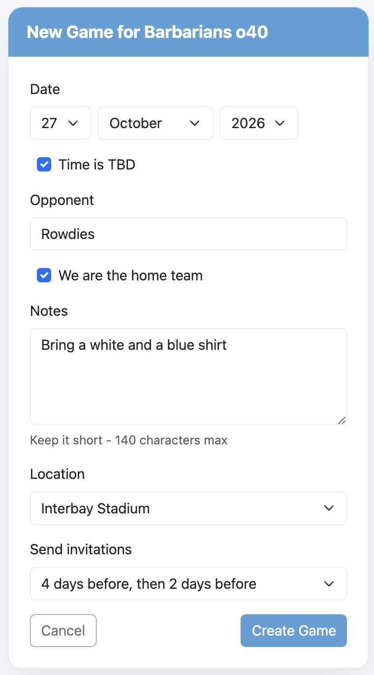 Simpler Sport new game form showing date, time, duration, opponent, home team, and notes fields