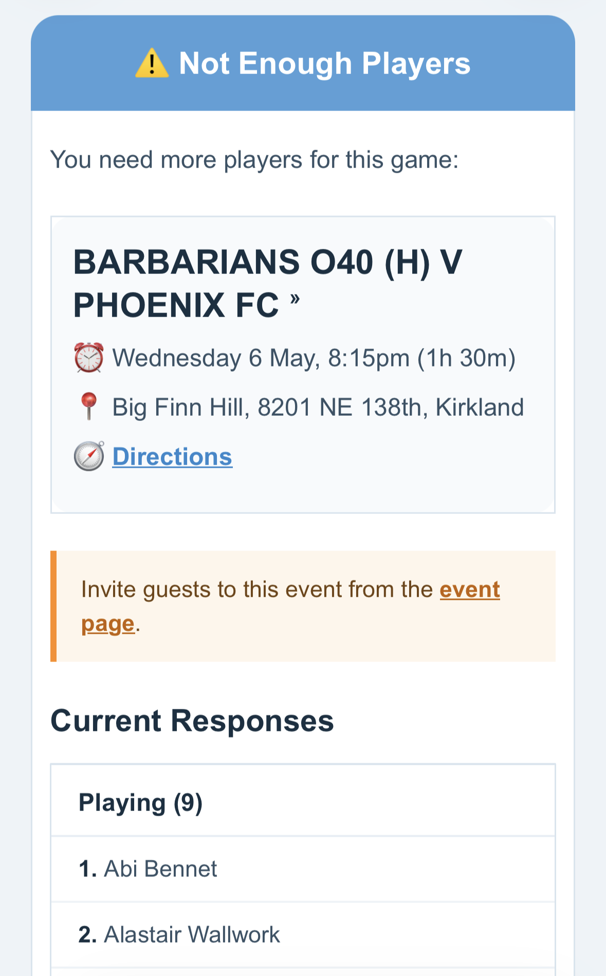 Simpler Sport not enough players alert with current responses and invite guests prompt